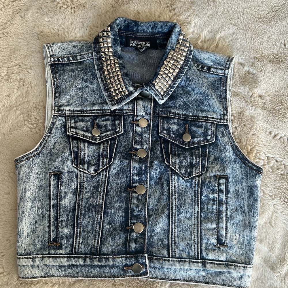 Forever 21 Blue Denim Vest with Studded Collar